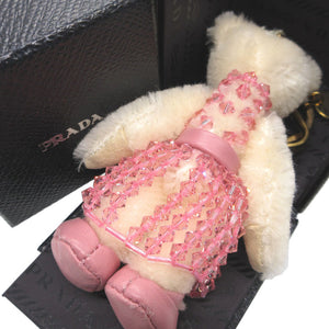 美品 プラダ 1T0036 ベア クマ レザー ピンク アイボリー バッグチャーム キーホルダー 0512-1【中古】PRADA