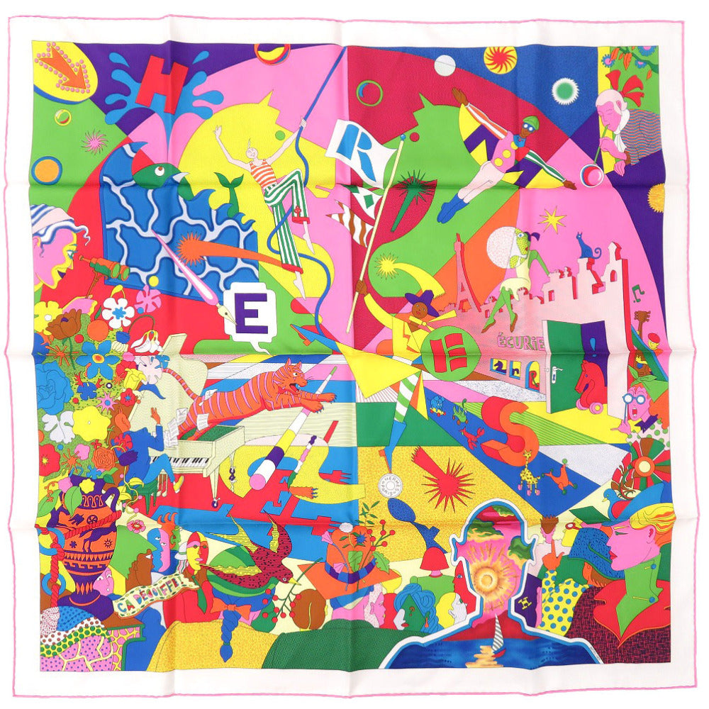 未使用 エルメス カレ90 CA DECOIFFE! 《サ・デコワフ!》シルク ROSE ピンク VERT グリーン マルチカラー スカーフ 1089【中古】HERMES