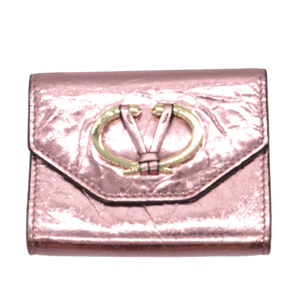 美品 ヴァレンティノ Vロゴ メタルカラー シワ加工 カードケース レザー メタリックピンク 1163【中古】VALENTINO