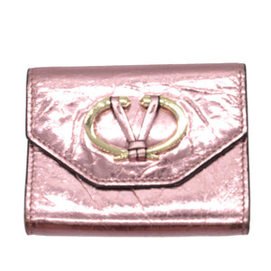 美品 ヴァレンティノ Vロゴ メタルカラー シワ加工 カードケース レザー メタリックピンク 1163【中古】VALENTINO