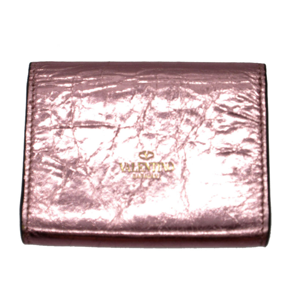 美品 ヴァレンティノ Vロゴ メタルカラー シワ加工 カードケース レザー メタリックピンク 1163【中古】VALENTINO