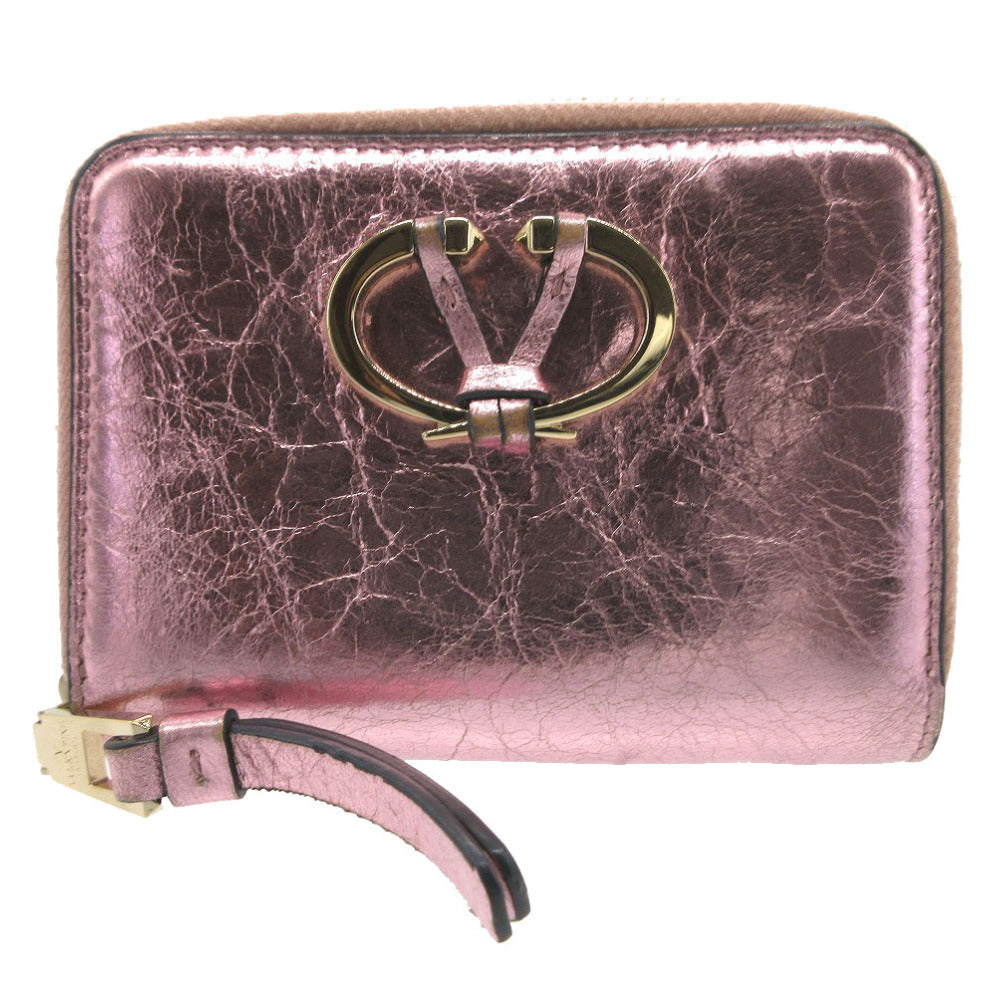美品 ヴァレンティノ Vロゴ メタルカラー シワ加工 コインケース レザー メタリックピンク 1164【中古】VALENTINO