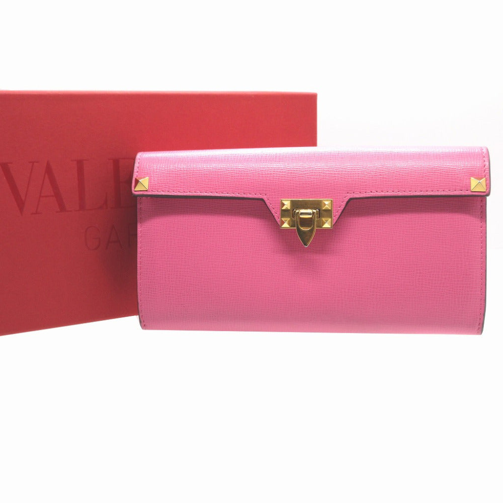美品 バレンチノ ロックスタッズ レザー ピンク レッド 赤 2つ折り長財布 財布 1259【中古】VALENTINO GARAVANI