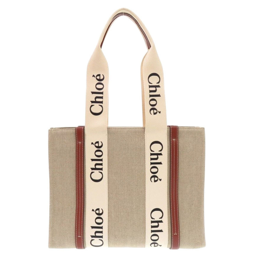 新品同様 クロエ WOODY ミディアムトートバッグ レザー/リネンキャンバス ホワイト ブラウン ハンドバッグ 1439【中古】Chloe