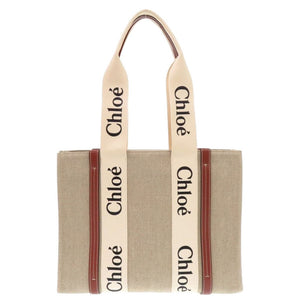 新品同様 クロエ WOODY ミディアムトートバッグ レザー/リネンキャンバス ホワイト ブラウン ハンドバッグ 1439【中古】Chloe