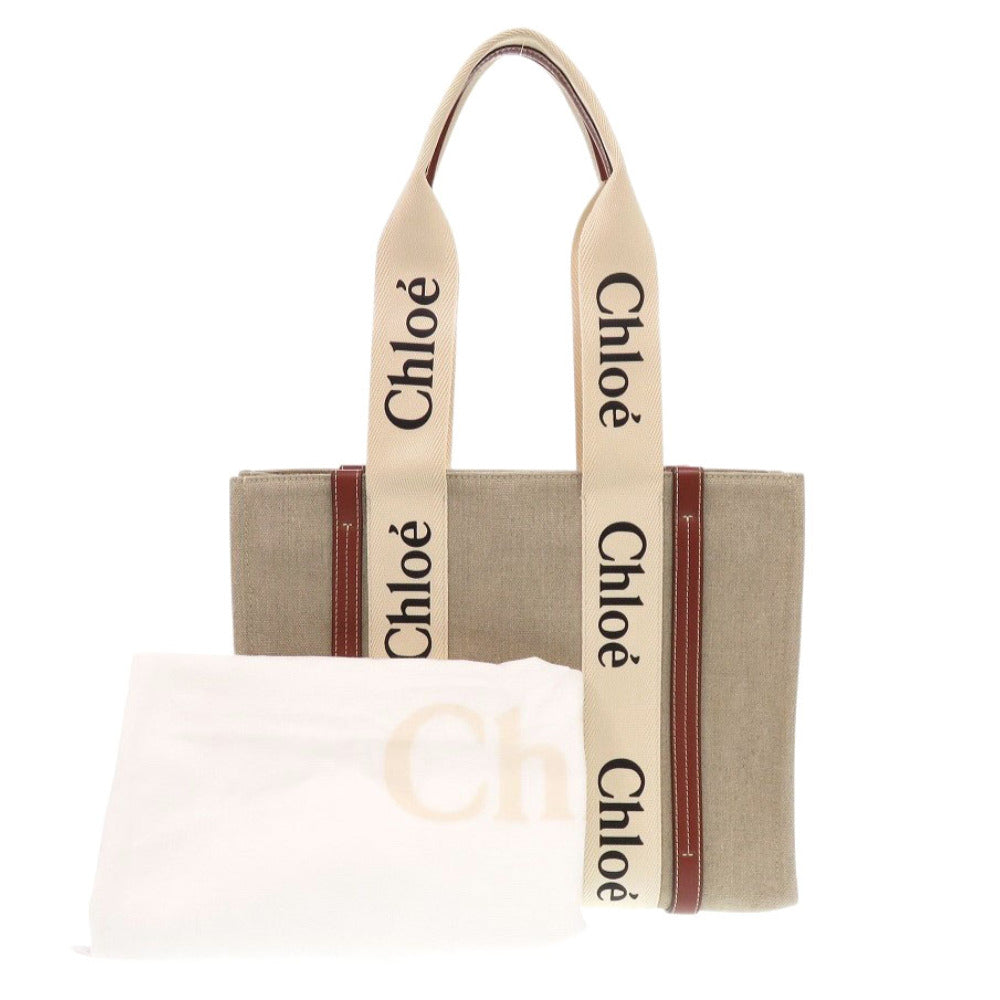 新品同様 クロエ WOODY ミディアムトートバッグ レザー/リネンキャンバス ホワイト ブラウン ハンドバッグ 1439【中古】Chloe