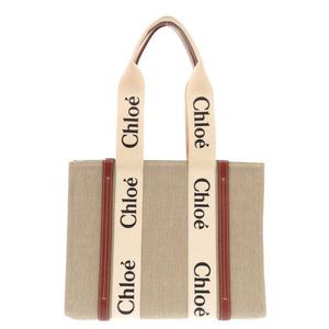 新品同様 クロエ WOODY ミディアムトートバッグ レザー/リネンキャンバス ホワイト ブラウン ハンドバッグ 1439【中古】Chloe