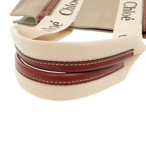 新品同様 クロエ WOODY ミディアムトートバッグ レザー/リネンキャンバス ホワイト ブラウン ハンドバッグ 1439【中古】Chloe