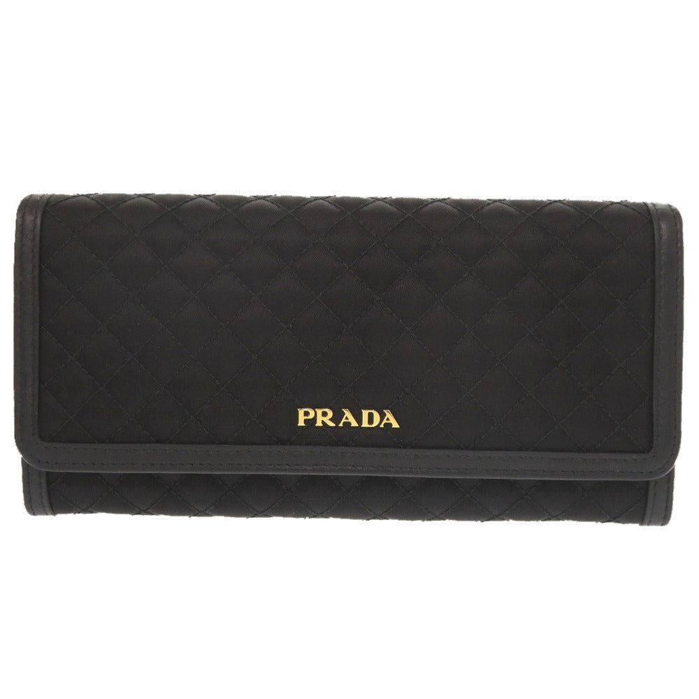 新品同様 プラダ キルティング ナイロン レザー ブラック 長財布 黒 1799【中古】PRADA