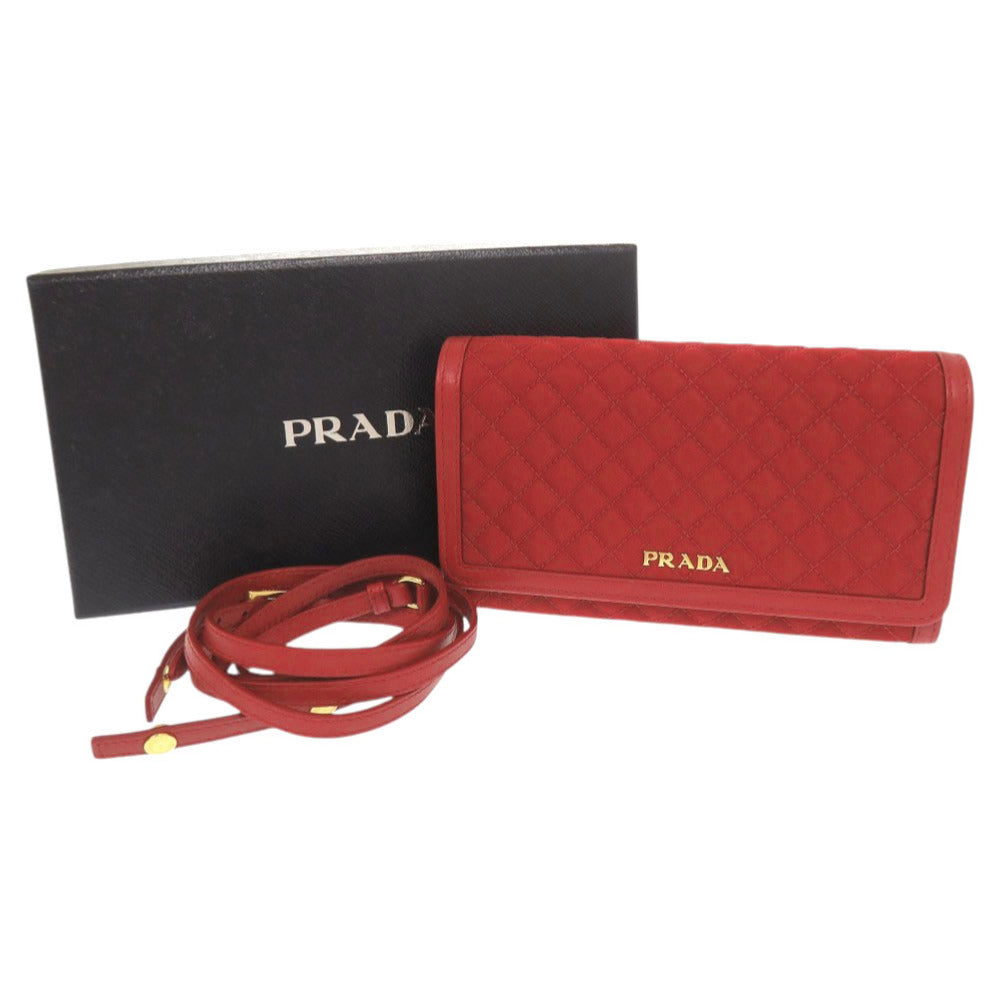新品同様 プラダ 1M1437 ナイロン レザー レッド ショルダーウォレット 長財布 赤 1800【中古】PRADA