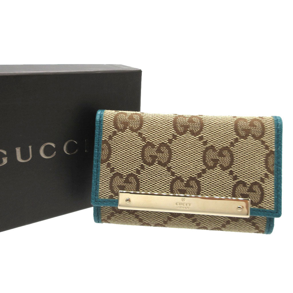 新品同様 グッチ 127048 GGキャンバス レザー ベージュ エメラルドグリーン 6連 キーケース 2106【中古】GUCCI