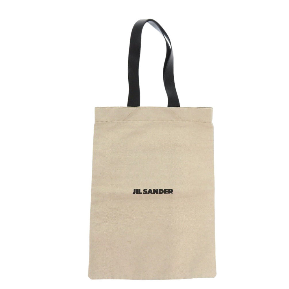 新品同様 ジルサンダー フラットショッパー ロゴ レザー キャンバス ベージュ ブラック トートバッグ 2116 【中古】 JIL SANDER