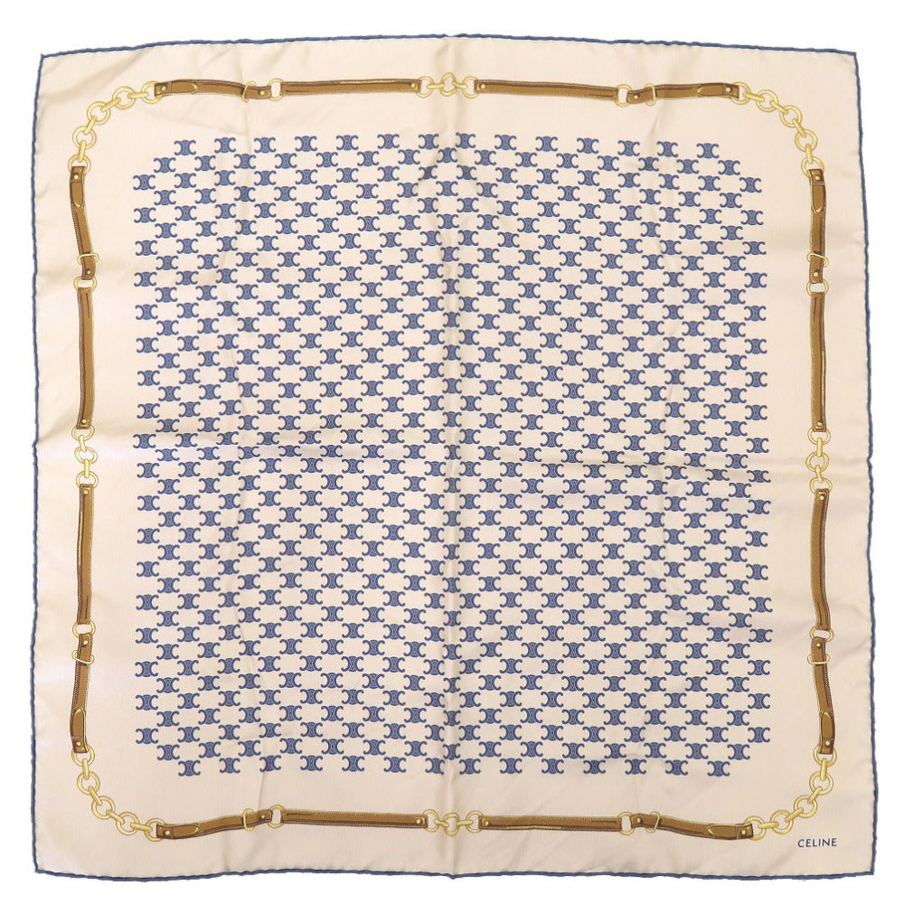 新品同様 セリーヌ トリオンフ シルク ホワイト ブルー ヘリテージバンダナ スカーフ  白 青  2125【中古】CELINE