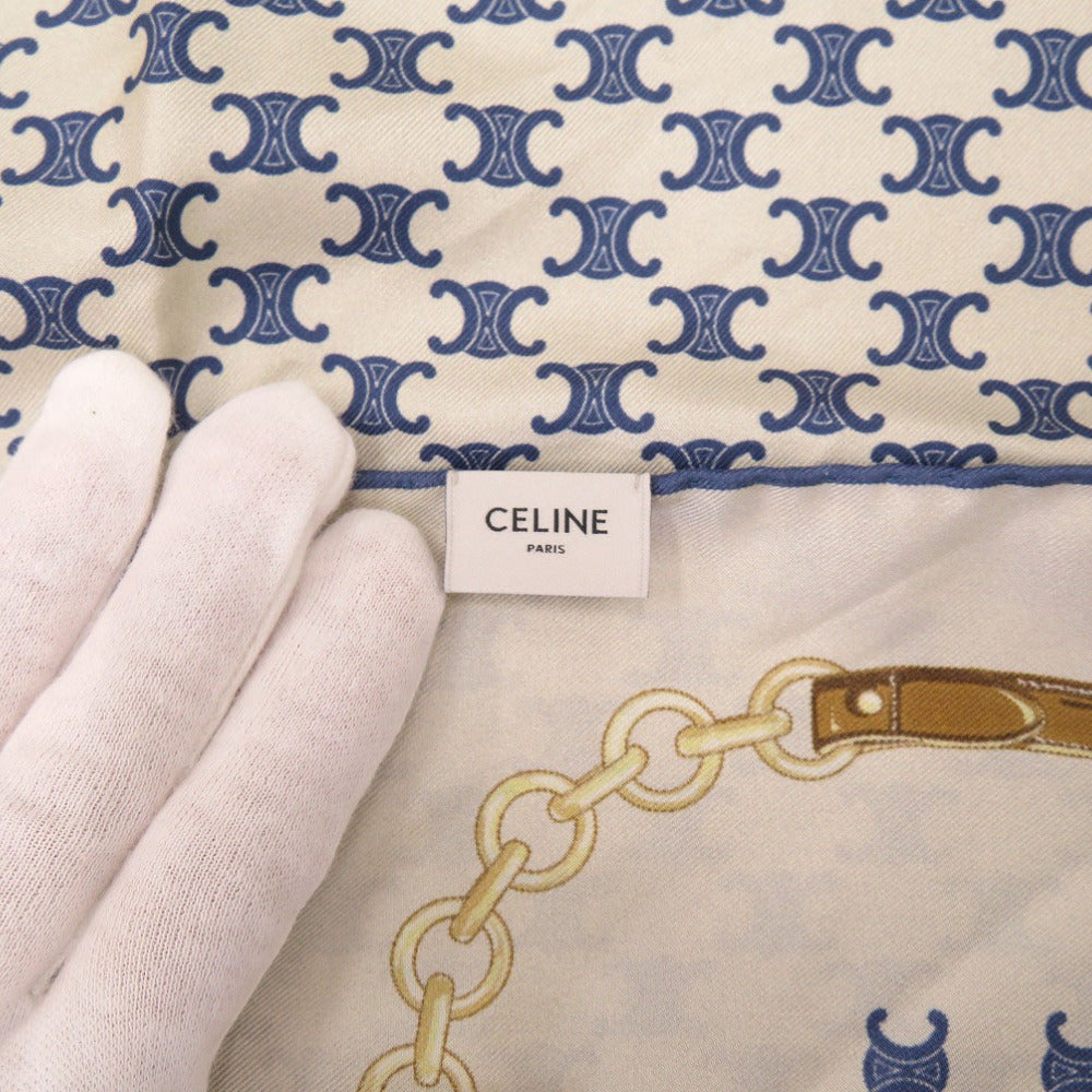 新品同様 セリーヌ トリオンフ シルク ホワイト ブルー ヘリテージバンダナ スカーフ  白 青  2125【中古】CELINE