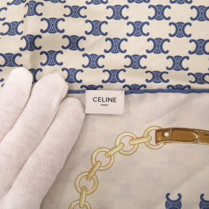 新品同様 セリーヌ トリオンフ シルク ホワイト ブルー ヘリテージバンダナ スカーフ  白 青  2125【中古】CELINE