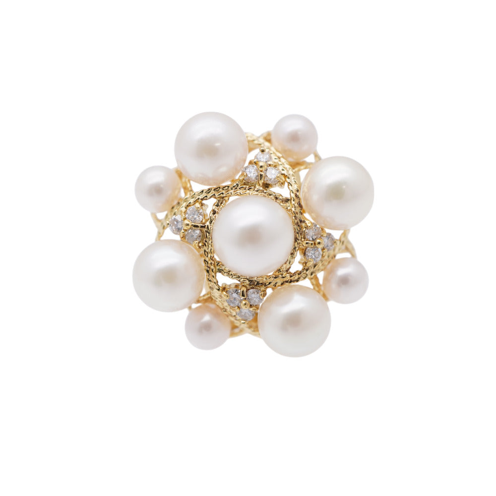 美品 K18YG パール4.5-7mm ダイヤ リング イエローゴールド/ダイヤモンド/アコヤ真珠 10号 指輪 0052【中古】レディース