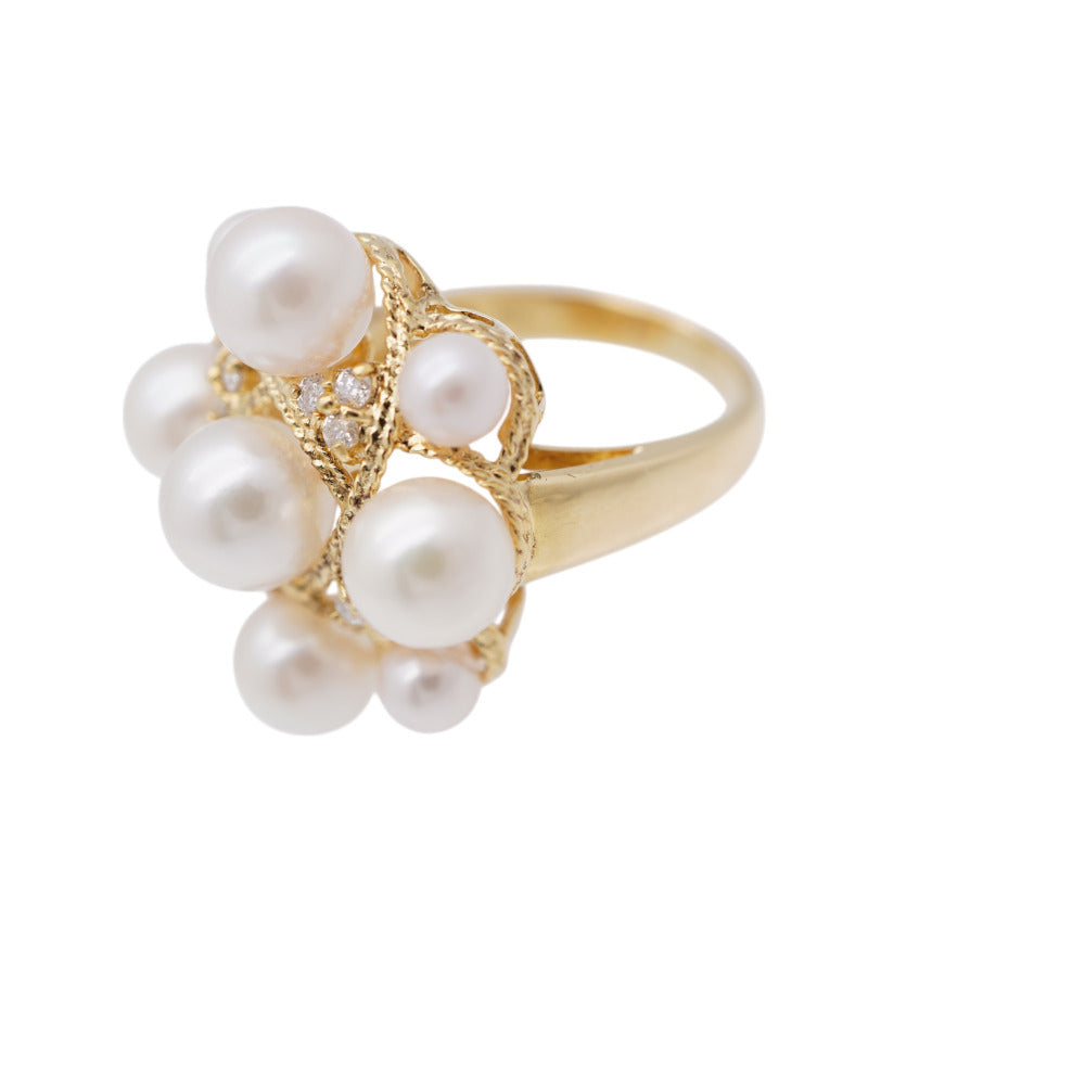 美品 K18YG パール4.5-7mm ダイヤ リング イエローゴールド/ダイヤモンド/アコヤ真珠 10号 指輪 0052【中古】レディース