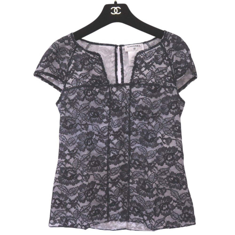 美品 シャネル カメリア レース 花柄 半袖 ブラウス カットソー サイズ36 P47412W05438 ブラウス コットン レーヨン ネイビー 0067【中古】CHANEL