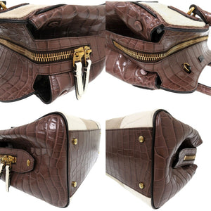 美品 トッズ クロコ 型押しレザー キャンバス ショルダーバッグ 2way ブラウン 0695【中古】TOD’S