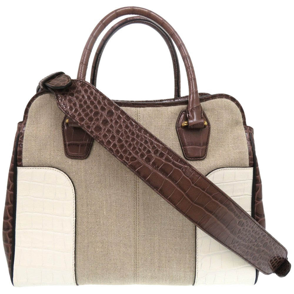 美品 トッズ クロコ 型押しレザー キャンバス ショルダーバッグ 2way ブラウン 0695【中古】TOD’S