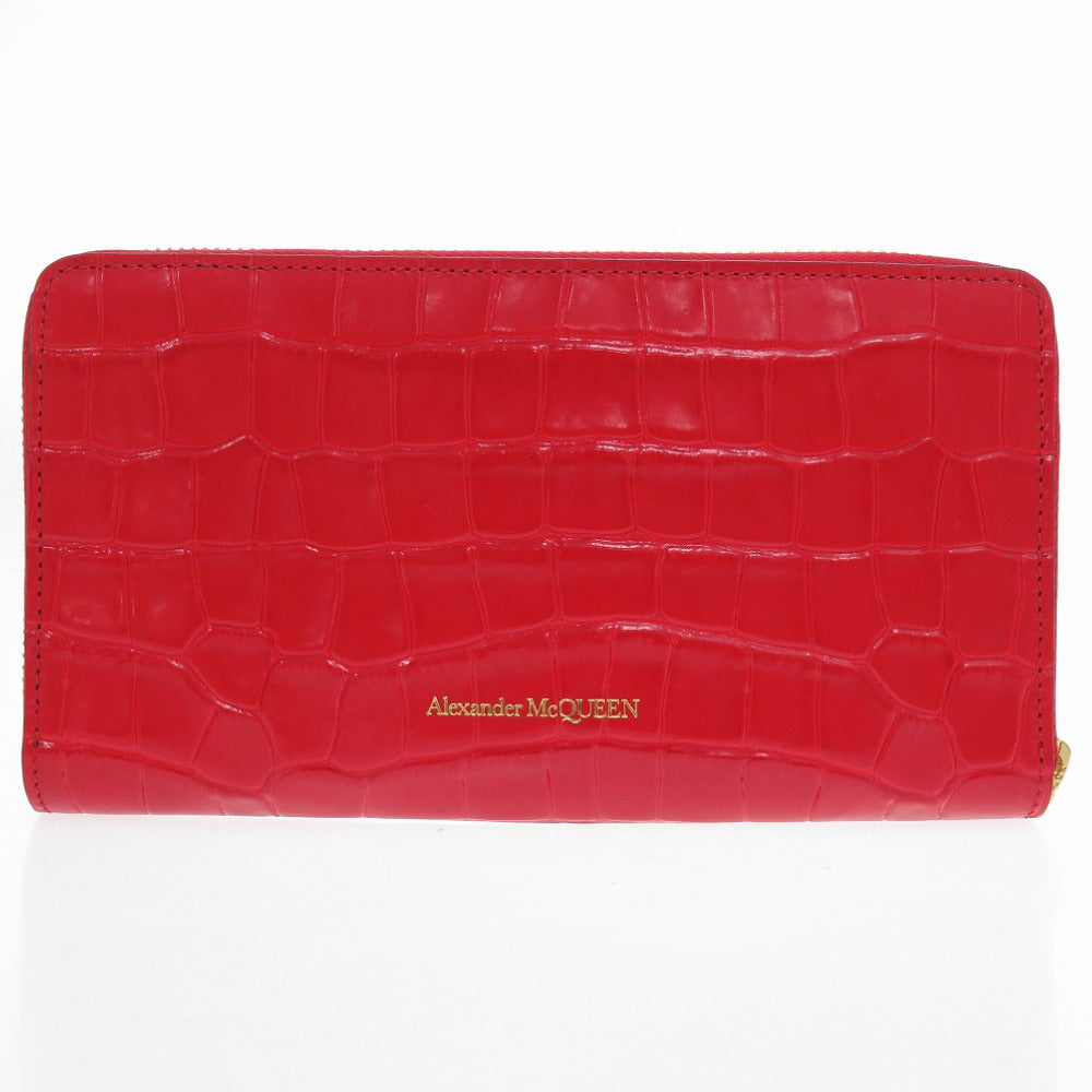 未使用 アレキサンダーマックイーン 長財布 スカル ラウンドファスナー クロコ型押し レザー レッド 赤 0762【中古】Alexander McQueen