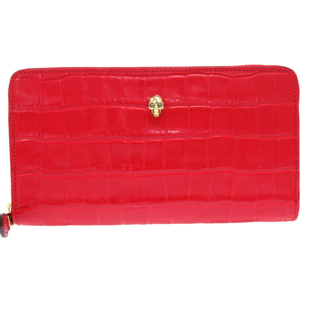 未使用 アレキサンダーマックイーン 長財布 スカル ラウンドファスナー クロコ型押し レザー レッド 赤 0762【中古】Alexander McQueen
