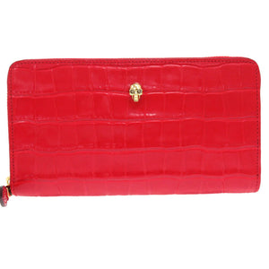 未使用 アレキサンダーマックイーン 長財布 スカル ラウンドファスナー クロコ型押し レザー レッド 赤 0762【中古】Alexander McQueen