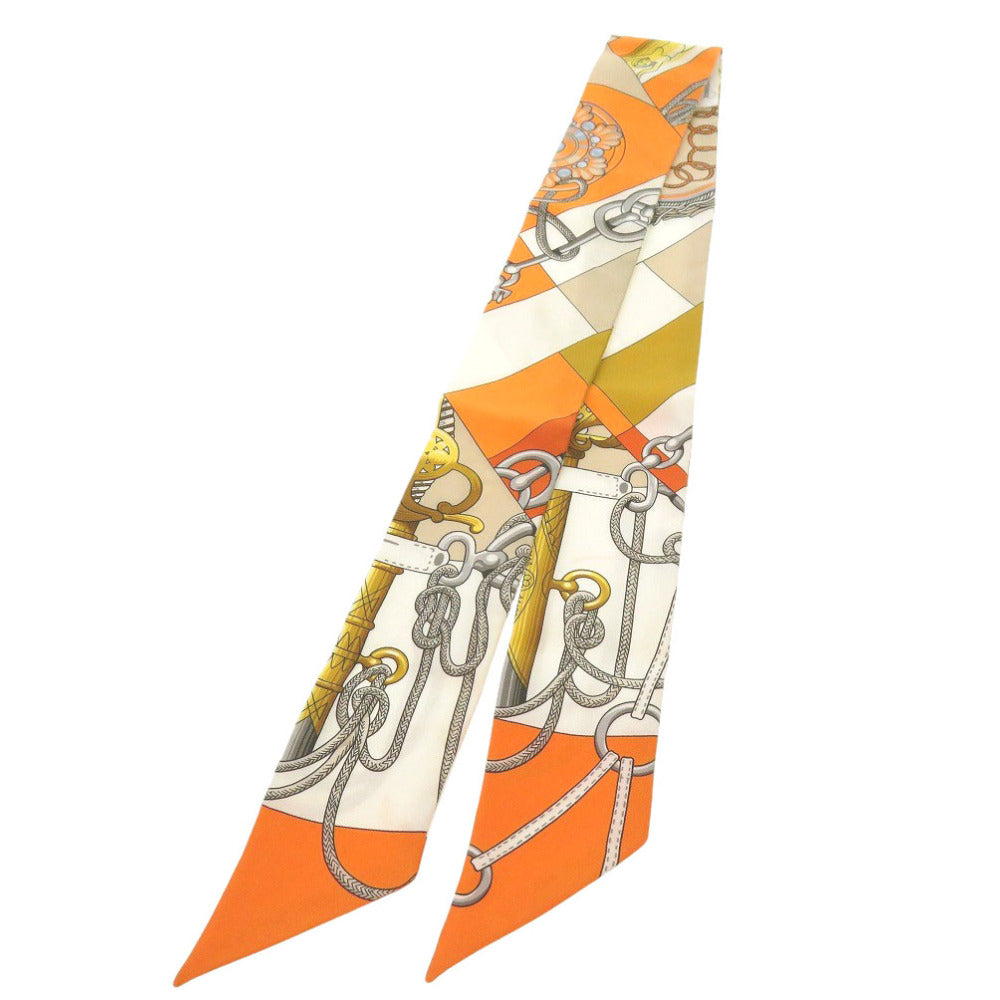 美品 エルメス ツイリー Cliquetis シルク オレンジ ゴールド マルチカラー スカーフ 0773【中古】HERMES