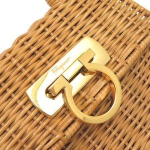 美品 サルヴァトーレ フェラガモ ガンチーニ ストロー ブラウン ゴールド金具 DO-216176 ハンドバッグ 1266-11【中古】 Salvatore Ferragamo