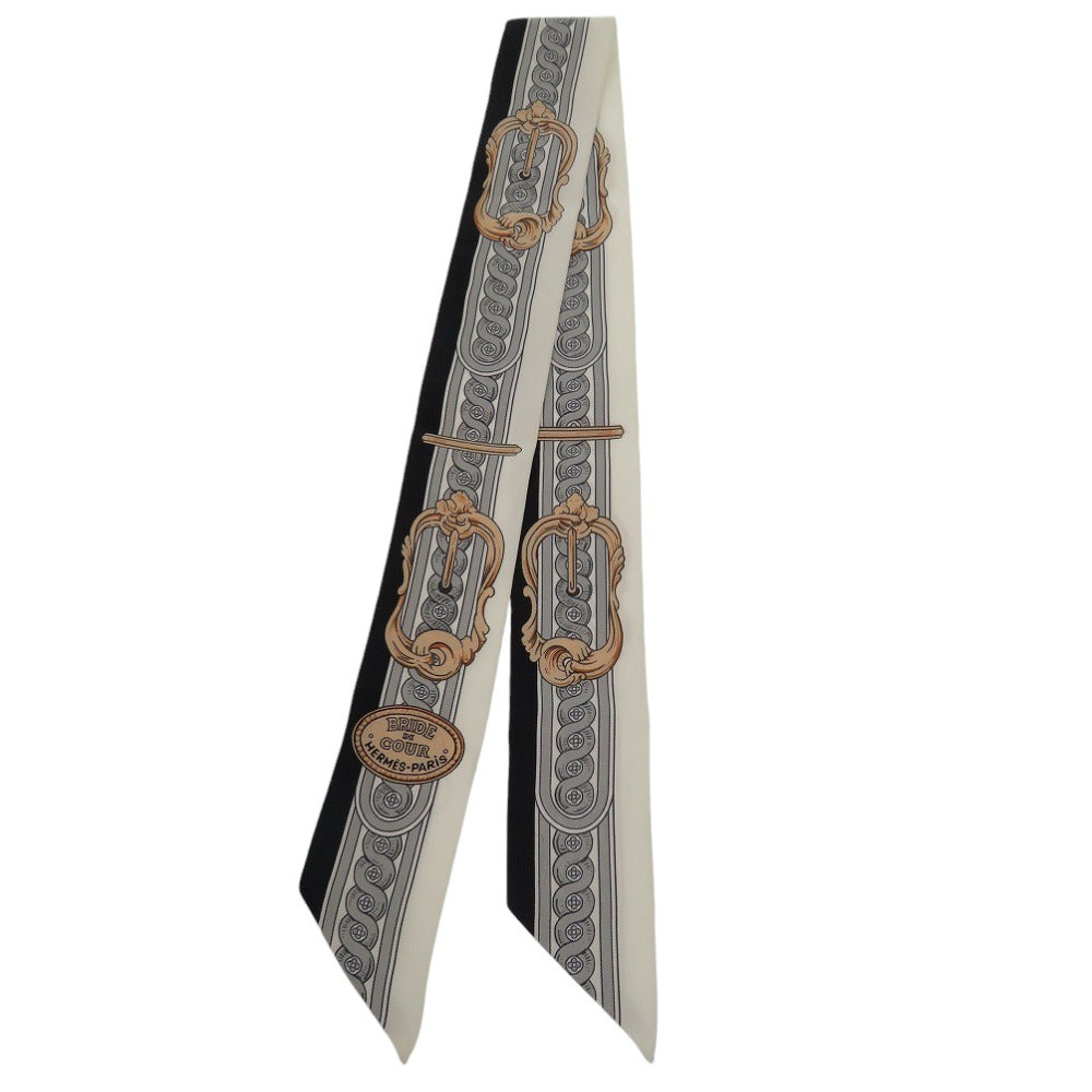 美品 エルメス ツイリー ブリッド・ドゥ・クール BRIDE DE COUR シルク ホワイト ブラック グレー 白 黒 スカーフ 1494【中古】HERMES