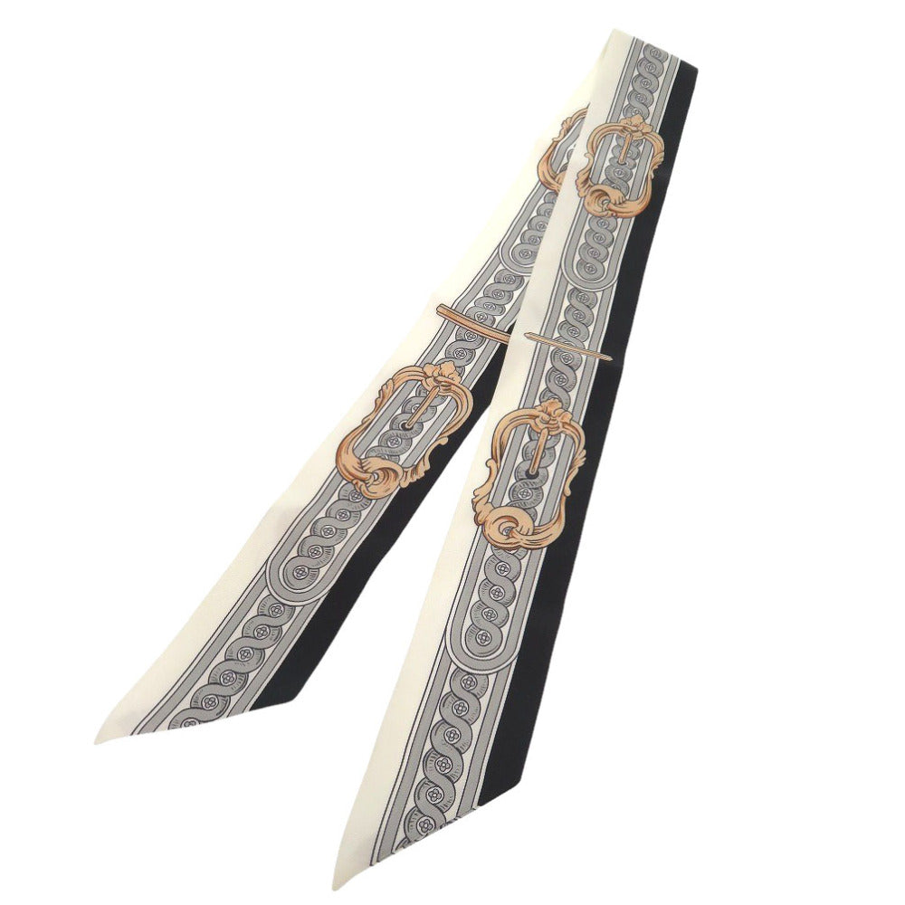 美品 エルメス ツイリー ブリッド・ドゥ・クール BRIDE DE COUR シルク ホワイト ブラック グレー 白 黒 スカーフ 1494【中古】HERMES