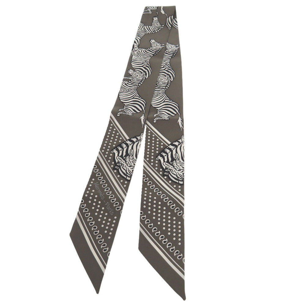美品 エルメス ツイリー ゼブラ バンダナ LES ZEBRES シルク グリストープ グレー ブラック ホワイト 黒 白 スカーフ 1494【中古】HERMES