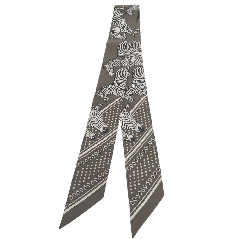 美品 エルメス ツイリー ゼブラ バンダナ LES ZEBRES シルク グリストープ グレー ブラック ホワイト 黒 白 スカーフ 1494【中古】HERMES