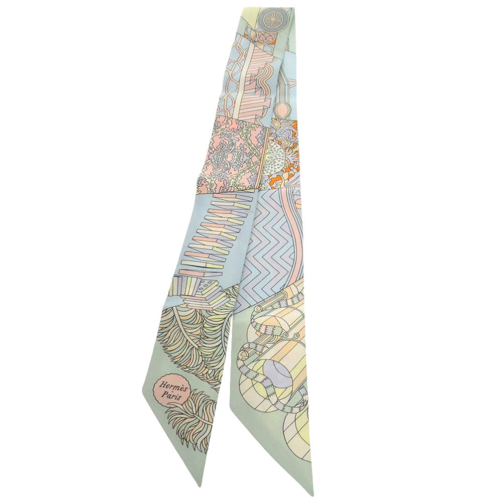 エルメス ツイリー  杖傘と決闘 De l'Ombrelle aux Duels Vieux シルク ペールブルー オレンジ グリーン マルチカラー スカーフ 1494【中古】HERMES