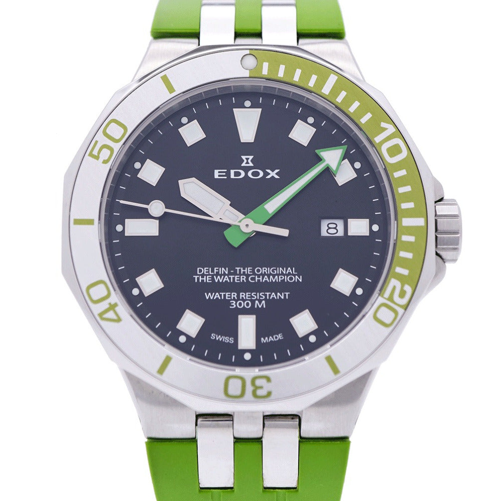 美品 エドックス デルフィン 53015 クオーツ 腕時計 SS/ラバー ブラック グリーン 黒文字盤 0059【中古】EDOX メンズ