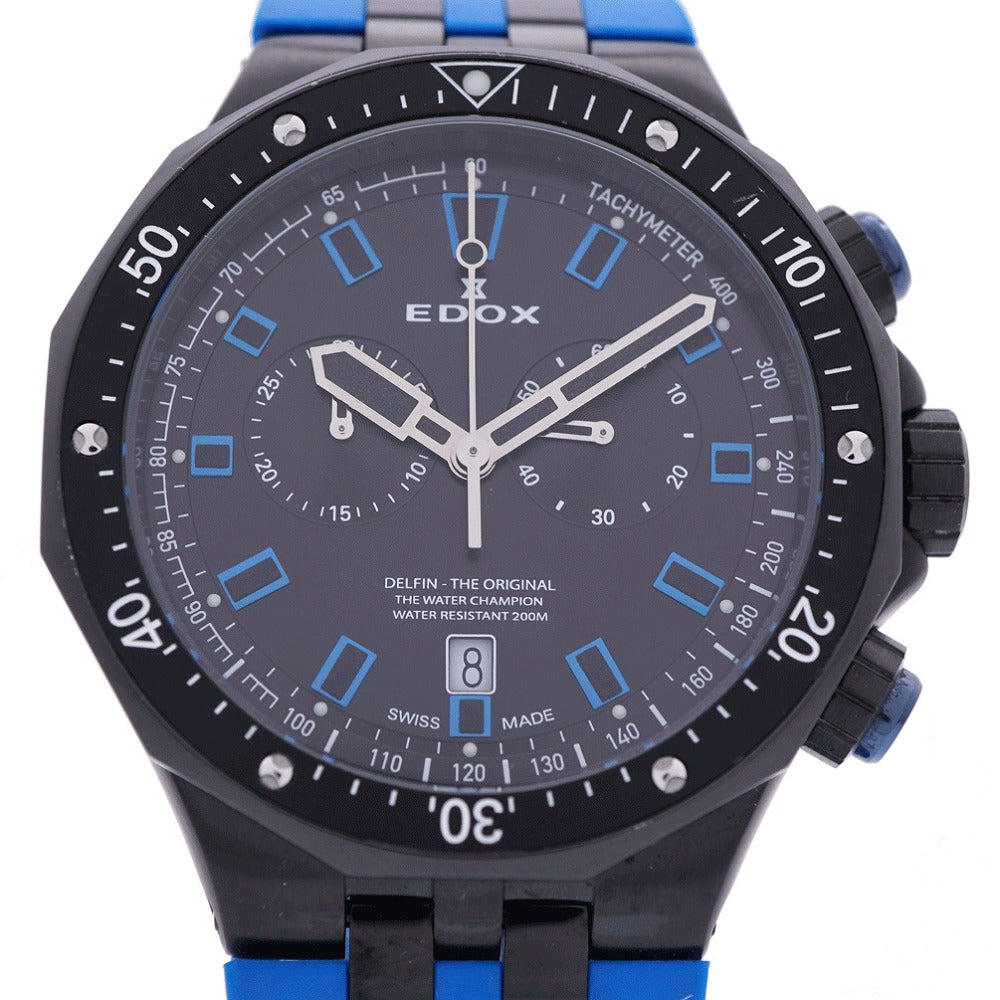 美品 エドックス デルフィン 10109 クオーツ 腕時計 SS/ラバー ブラック ブルー 黒文字盤 0060【中古】EDOX メンズ
