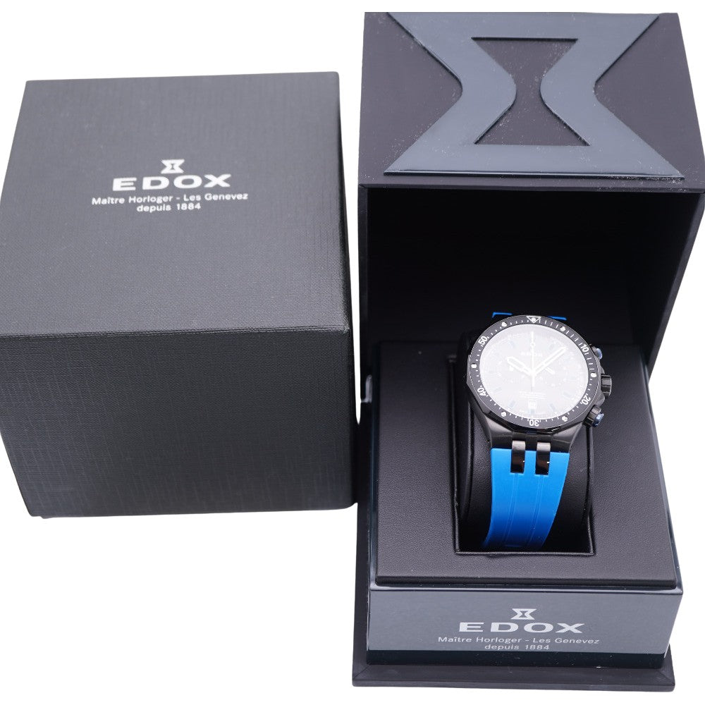 美品 エドックス デルフィン 10109 クオーツ 腕時計 SS/ラバー ブラック ブルー 黒文字盤 0060【中古】EDOX メンズ
