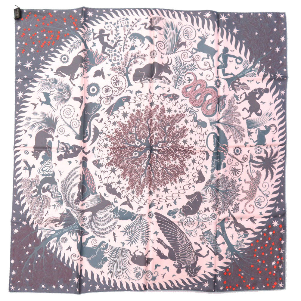 新品同様 エルメス カレ90 ダブルフェイス《オルフェウスの魅力に誘われて》SOUS LE CHARME D'ORPEE シルク オレンジ グレー マルチカラー スカーフ 0204【中古】HERMES