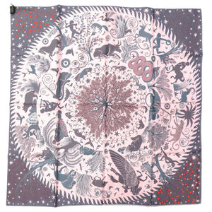 新品同様 エルメス カレ90 ダブルフェイス《オルフェウスの魅力に誘われて》SOUS LE CHARME D'ORPEE シルク オレンジ グレー マルチカラー スカーフ 0204【中古】HERMES