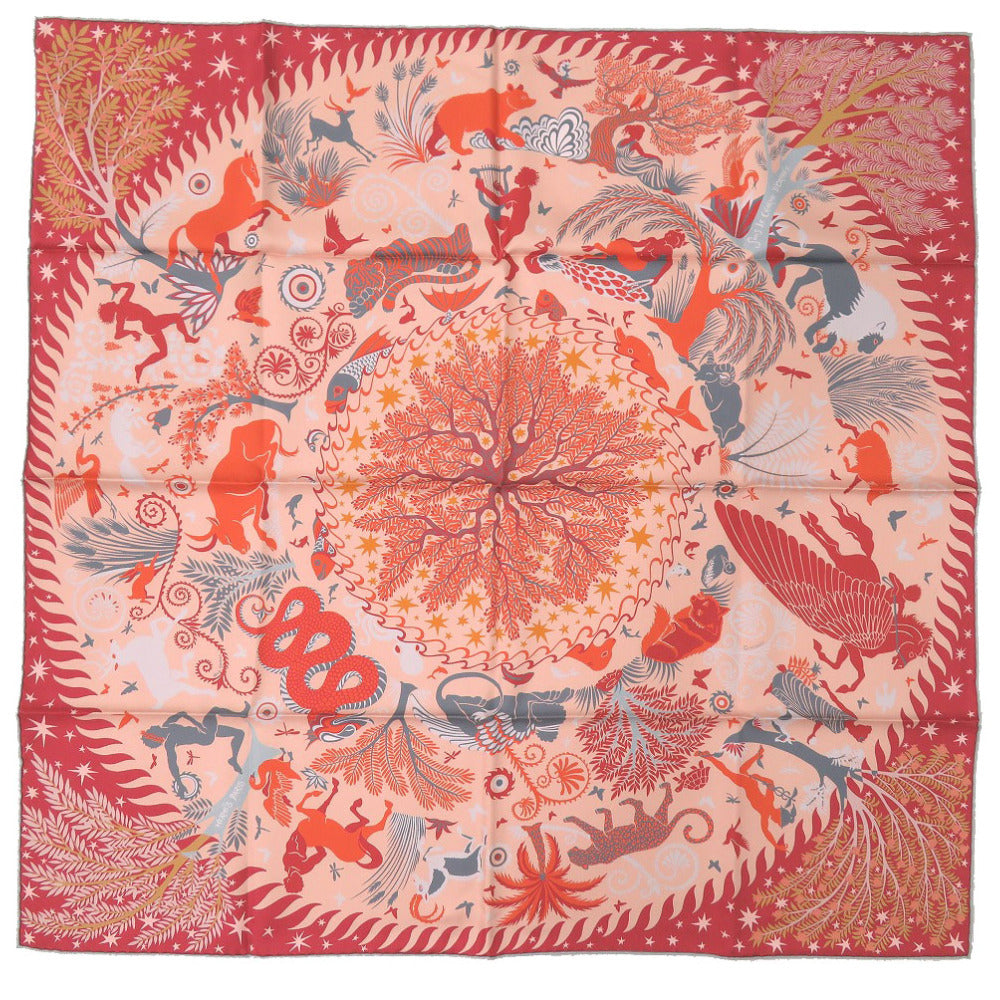 新品同様 エルメス カレ90 ダブルフェイス《オルフェウスの魅力に誘われて》SOUS LE CHARME D'ORPEE シルク オレンジ グレー マルチカラー スカーフ 0204【中古】HERMES