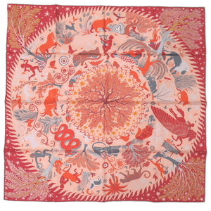 新品同様 エルメス カレ90 ダブルフェイス《オルフェウスの魅力に誘われて》SOUS LE CHARME D'ORPEE シルク オレンジ グレー マルチカラー スカーフ 0204【中古】HERMES