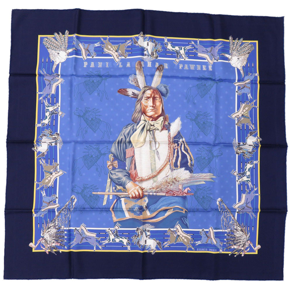 新品同様 エルメス カレ90  Pani la Shar Pawnee double face scarf パウニー族の首長 シルク ネイビー ブルー ダブルフェイス スカーフ0208【中古】HERMES
