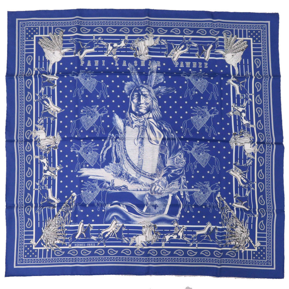 新品同様 エルメス カレ90  Pani la Shar Pawnee double face scarf パウニー族の首長 シルク ネイビー ブルー ダブルフェイス スカーフ0208【中古】HERMES