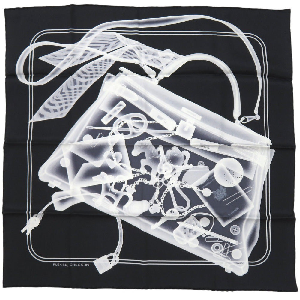 新品同様 エルメス カレ70 プリーズ チェックイン PLEASE CHECK-IN スカーフ シルク ブラック 0232【中古】HERMES