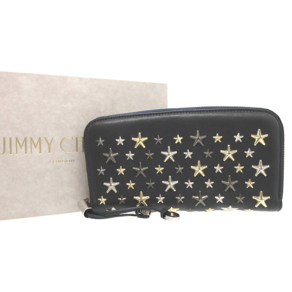 新品同様 ジミーチュウ スタースタッズ レザー ネイビー 紺 ラウンドファスナー長財布 財布 1280【中古】JIMMY CHOO