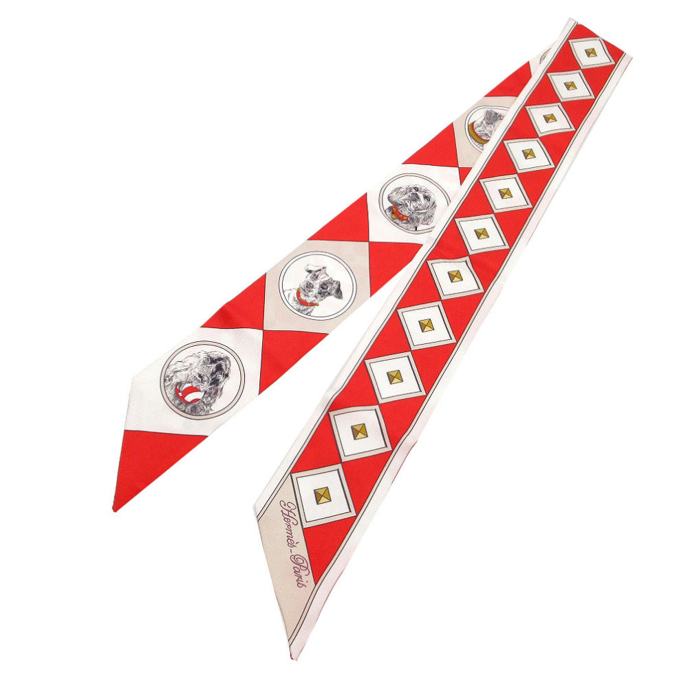 美品 エルメス ツイリー コリエ エ シアン スカーフ シルク ルージュ/ブラン/ベージュ 1284【中古】HERMES