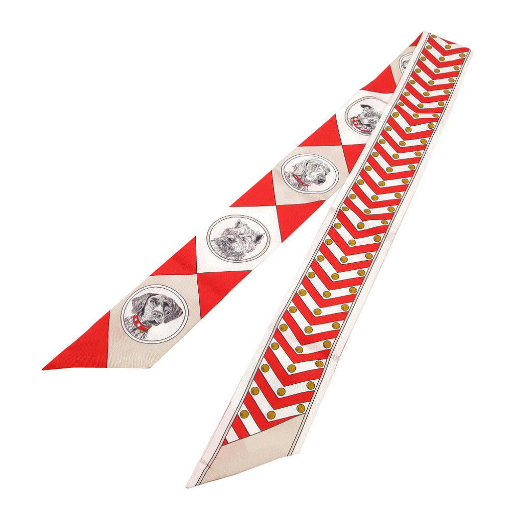 美品 エルメス ツイリー コリエ エ シアン スカーフ シルク ルージュ/ブラン/ベージュ 1284【中古】HERMES