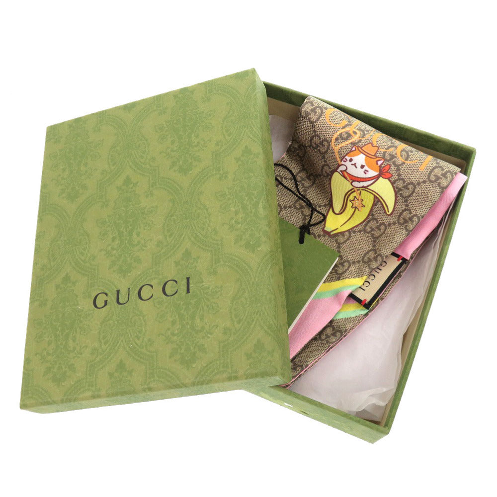 未使用 グッチ ばなにゃ コラボ タイスカーフ 704144 シルク ベージュ ピンク スカーフ 1295 【中古】 GUCCI