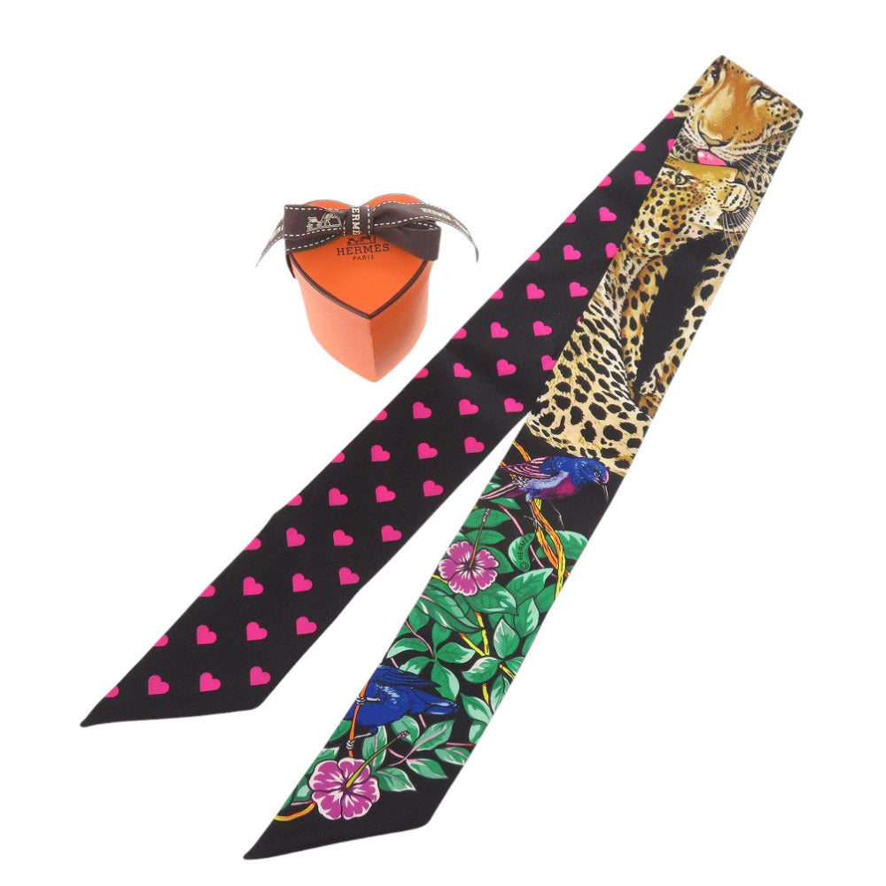 新品同様 エルメス ツイリー Jungle Love Love ジャングルラブラブ シルク ノワール スカーフ 黒 1314【中古】HERMES