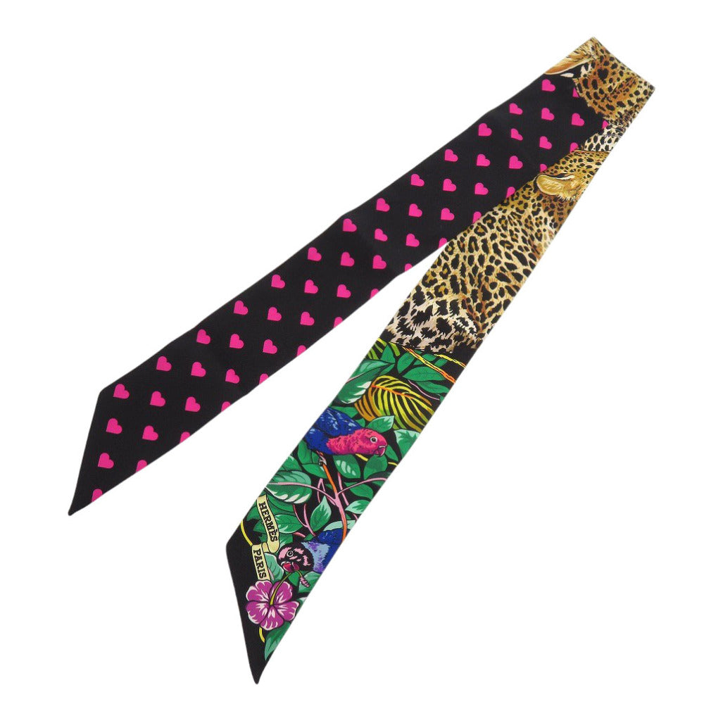 新品同様 エルメス ツイリー Jungle Love Love ジャングルラブラブ シルク ノワール スカーフ 黒 1314【中古】HERMES